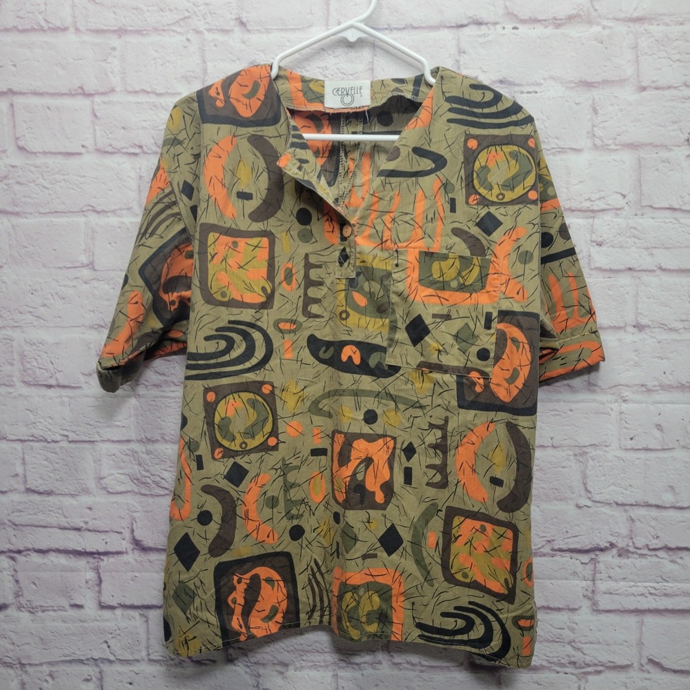VTG Cervelle Retro Henley Shirt Womens L Short Sleeve Popover Artsy AOP Hippie‎